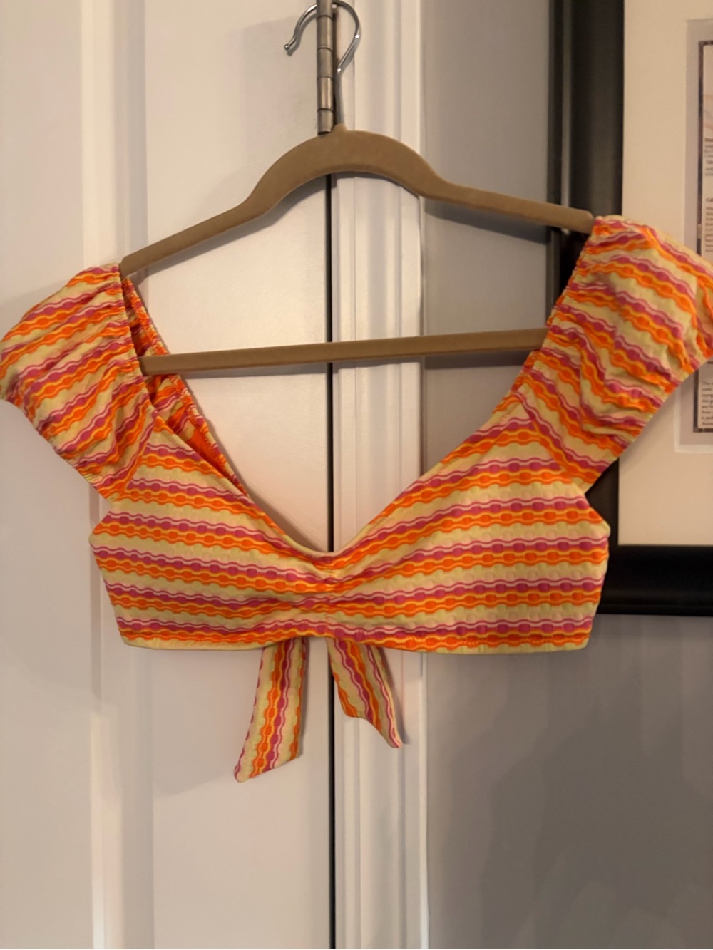 aerie Yellow and Pink Striped Tie-Front Crop Top